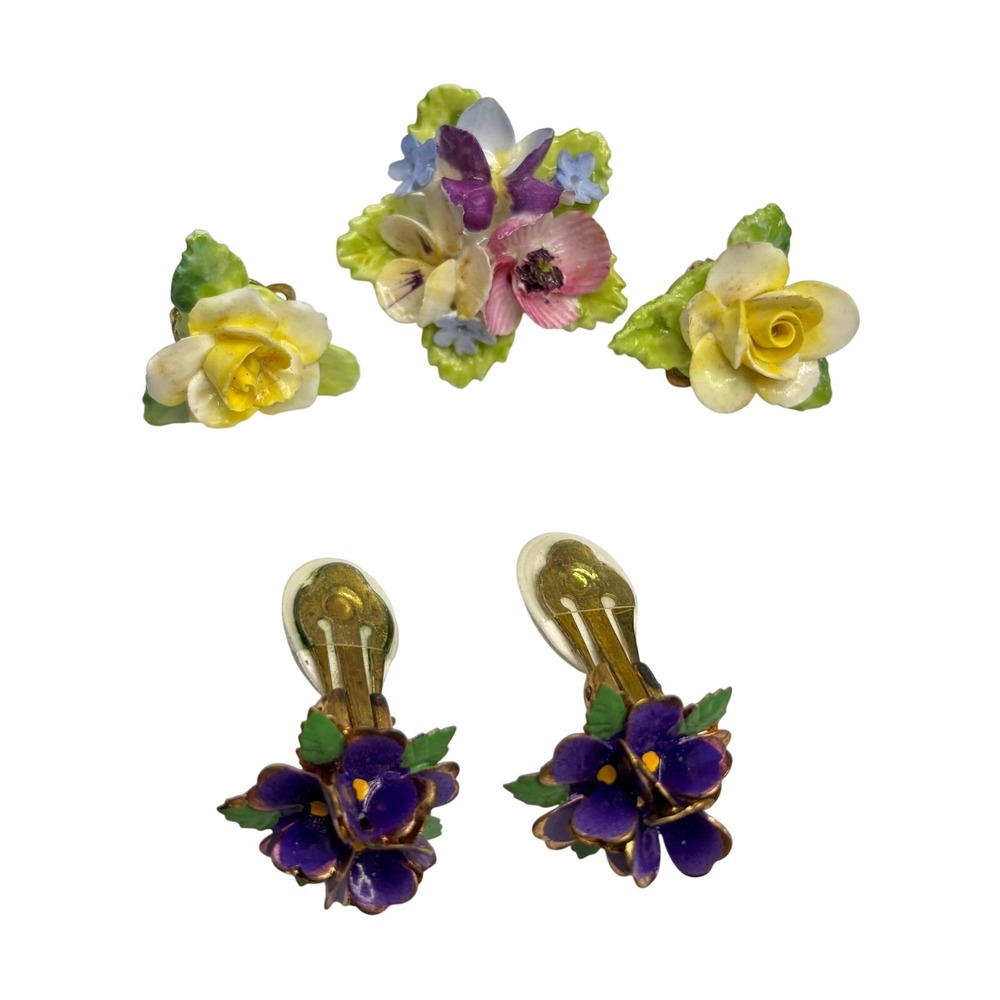 Vintage porcelain Floral Ladies violet earrings & Brooch & Clip  Earrings